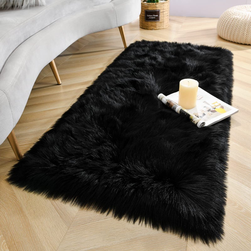 LOCHAS Soft Fluffy Faux Fur Rugs for Bedroom Bedside Rug 2x4 Feet, Washable, Furry Sheepskin Area Rug for Living Room Girls Room, Luxury Shag Carpet Home Decor, Black - Image 3